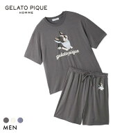 ジェラートピケ オム メンズ 接触冷感 レーヨンドッグワンポイントTシャツ＆ハーフパンツセット ジェラピ…