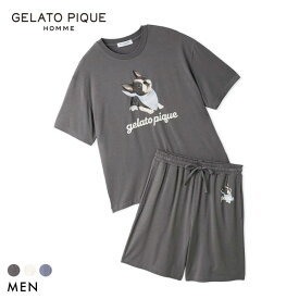 ジェラートピケ オム メンズ 接触冷感 レーヨンドッグワンポイントTシャツ＆ハーフパンツセット ジェラピケ ルームウェア 上下セット gelato pique HOMME 全3色 M-L ギフト プレゼント セットアップ