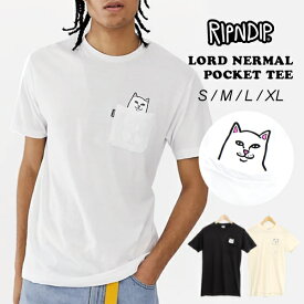 リップンディップ RIPNDIP メンズ 半袖 Tシャツ LORD NERMAL POCKET TEE メンズ レディース コットン ポケット クルーネック ロゴT ネコ アイコン かわいい 無地 ホワイト ブラック ストリート ブランド