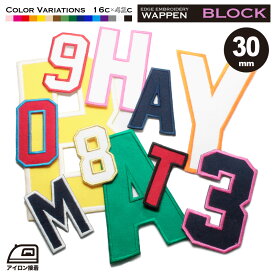 数字 アルファベット ワッペン ふち刺繍 30mm ブロック体 オーダー アイロン接着 ユニフォーム 衣装 野球 ベースボール