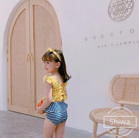 【送料無料】キッズ 水着 女の子 チェック柄 花柄 子供水着 トップス/パンツ/ヘアバンド 3点セット 可愛い水着 ジュニア 女児 無料ガールズ