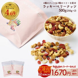 ≪1,000円OFF★楽天スーパーSALE限定クーポン≫大容量500g(250g×2) ラッキーベリーナッツ 送料無料 無塩 ナッツ ロカボ くるみ カシューナッツ アーモンド クランベリー ワイルドブルーベリー オメガ トレイルミックス 自然の館 家飲み 宅飲み