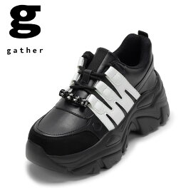 【全品P10倍！6日〜9日まで】ギャザー gather G-104 レディース靴 靴 シューズ 2E相当 スニーカー ローカットスニーカー ボリュームソール 厚底 レースアップ ビジュー 人気 ブランド ブラック×ホワイト