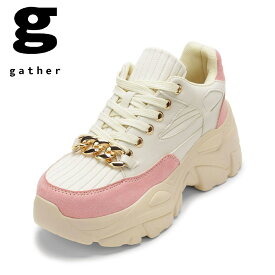 【全品P10倍！6日〜9日まで】ギャザー gather G-105 レディース靴 靴 シューズ 2E相当 スニーカー ローカットスニーカー ボリュームソール 厚底 レースアップ チェーン 人気 ブランド ホワイト×ピンク