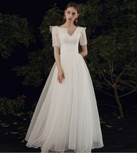 【送料無料】ウェディングドレス 上質感 結婚式 Vネック レース お姫様 白ドレス シンプル 高級感 ロングドレス ファスナー お花嫁ドレス 前撮り/後撮り 二次会 演奏会 舞台 ピアノ パーティ