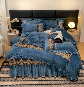 送料無料 宮廷風 布団カバーセット 4点セット レース刺繍 高級感 ベッドスカート マイクロファイバー掛け 厚手 ふんわり 暖かい ダブル クイーン 秋冬 フランネル 掛け布団カバー 枕カバー