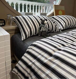 【送料無料】布団カバーセット 北欧風 ストライプ柄 黒白 レトロ 綿100% ボックスシーツ/フラットシーツ シングル ダブル 通気性 柔らか 四季通用 3点セット 4点セット 掛け布団カバー 枕カ