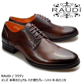 RAUDi ラウディ メンズ MENS 本革 カジュアルシューズ 革靴 革 靴 くつ vibram ビブラム プレーントゥ メダリオン ハケ塗り レザー ダークブラウン 濃茶 R-82119 【送料無料】【あす楽】