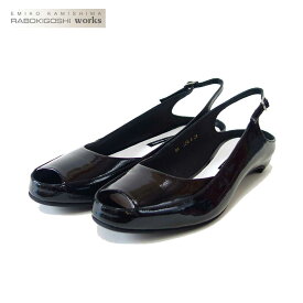 【スーパーSALE 10%OFF】 RABOKIGOSHI works（ラボキゴシ ワークス） 12760 ブラック オープントゥ ストラップパンプス 天然皮革 フラットヒール バックストラップ シューズ「靴」