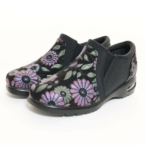 POPOLARE ポポラーレ r3812 サイドゴ アスリッポン シューズ 和柄風 ラメ フラワーモチーフ ストレッチ カジュアル ウォーキング 厚底 低反発衝撃吸収 軽量 屈曲性◎ 3E 幅広 外反母趾 ブラック