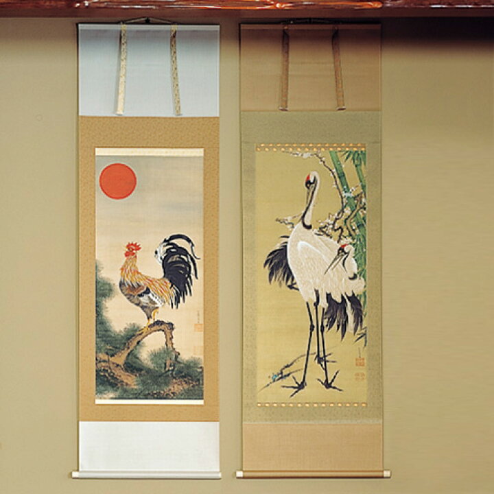 楽天市場】伊藤若冲 花鳥画 掛軸 『 竹梅 双鶴図 』『 旭日 雄鶏図  