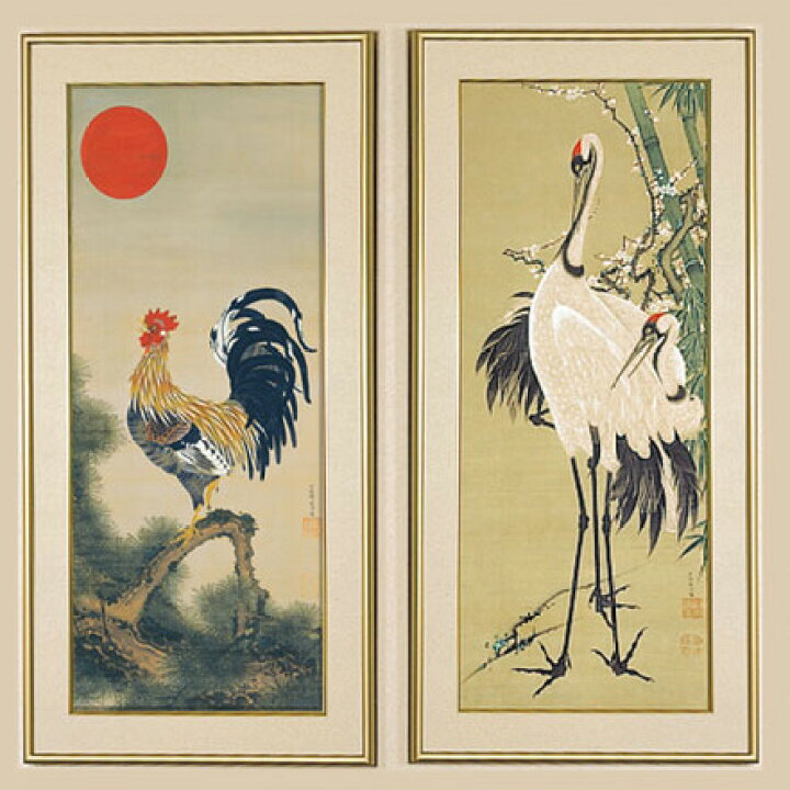 楽天市場】伊藤若冲 花鳥画 額装セット 『 竹梅 双鶴図 』『 旭日 雄鶏 