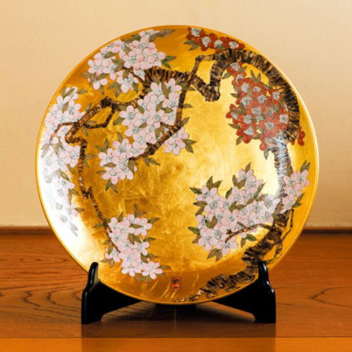 楽天市場】金欄 手飾り絵皿『 桜 』木製皿立て つき 有田焼 琥山 窯主 