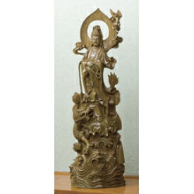 仏像 『 龍上 滴水 聖観音 （中） 』 高さ65cm 緑檀 木彫 銘木 御本尊 仏教彫刻家 李建敏 通販 販売