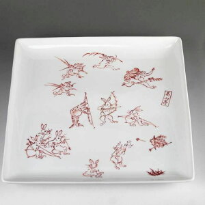 京焼 清水焼 赤絵鳥獣戯画角大皿 陶仙 a柄