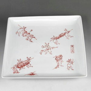 京焼 清水焼 赤絵鳥獣戯画角大皿 陶仙 b柄