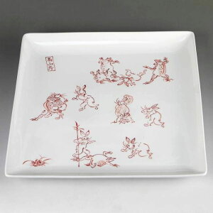 京焼 清水焼 赤絵鳥獣戯画角大皿 陶仙 c柄