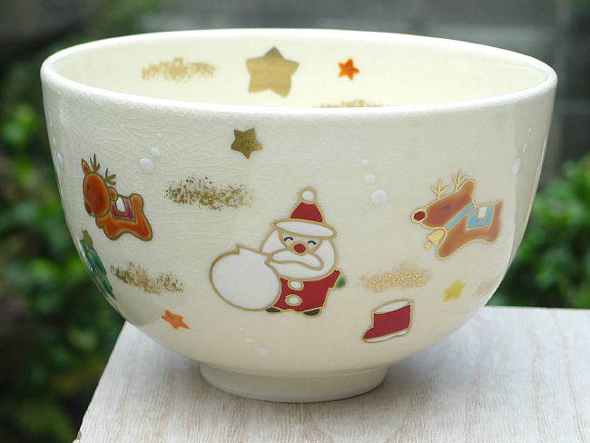 プレゼント贈り物ギフトにおすすめ 京焼 清水焼 ジングルベル クリスマス サンタさんがやってくる抹茶碗 舗 宝泉 在庫あり 抹茶碗