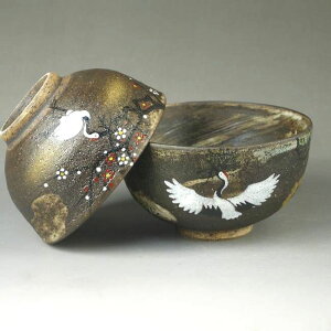 京焼 清水焼 吉祥鶴夫婦茶碗 八幡