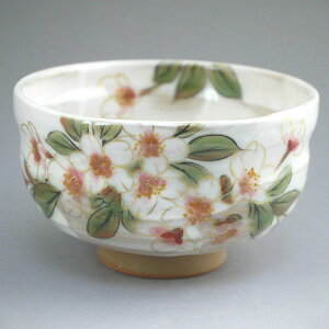 京焼 清水焼 白掛彩草花お茶呑茶碗 陶あん 桜単品