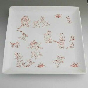 京焼 清水焼 赤絵鳥獣戯画角大皿 陶仙 d柄