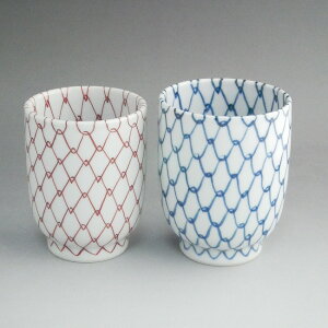 京焼 清水焼 青赤網目夫婦湯呑 丸底