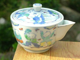 京焼 清水焼 淡彩唐子宝瓶急須　小