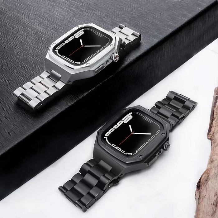 Apple Watch case for 2022 最新 series 8 7 45mm 用 HUALIMEI ビジネス アップルウォッチ  ステンレス バンド ケース シリーズ7 steelband ベルト 保護 堅牢 頑丈 耐衝撃 ブラック シルバー 黒 銀 Black Silver  金属製 アクセサリー :