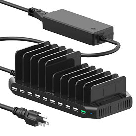 Alxum 60W USB充電ステーション QC3.0急速充電 スマホ充電スタンド 複数スマホ 充電ステーション 10ポート10台同時充電 卓上収納 複数デバイスの取り外し可能 仕切り板調整可能 PSE認証済 ブラック