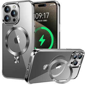 iPhone 15 Pro 用クリアケース MagSafe対応 隠しスタンド CD MagSafeリング 四色チタニウム 本体の色 メッキバンパー ストラップホール付き 角度調整可 米軍MIL規格取得 耐衝撃 アイホン15 Pro 透明 スマホケース 人気 6.1" (チタングレー)