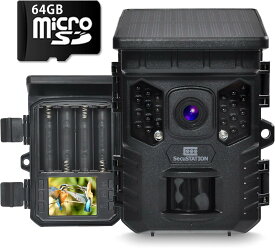 SecuSTATION トレイルカメラ 屋外 電池式 防犯カメラ 4K 動画,赤外線 夜間暗視 人感センサー マイク・スピーカー内蔵, 防塵防水IP66 スマホ対応 (メモリーカード64GB付属) 害獣対策,熊対策,どこでもCAMミニソーラー SC-MB63