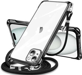 iPhone 15 用 ケース クリア スマホケース アイフォン15 カバー 肩掛け 斜めかけ 薄型 軽量 TPU 携帯ケース 紐付き 斜めがけ ネックストラップ ショルダー 縦/横 2WAY 長さ調整可能 取り外し可能 ワイヤレス充電対応 (ブラック)