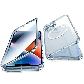 Jonwelsy iPhone 14 用 6.1" 360度前面 強化ガラス 背面 Magsafe対応 マグネット搭載 磁気吸着 金属フレーム カバー 保護 耐衝撃 擦り傷防止 (blue)