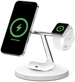 Belkin 3 in 1 MagSafe充電器 最大15W高速充電 ワイヤレス充電器 MagSafe公式認証 iPhone 15 / 14 / 13 / 12 / Apple Watch / AirPods 対応 ホワイト W