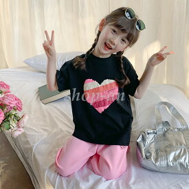 キッズ Tシャツ 半袖 夏 子供服 ベビー服 ガールズ クールスタイル プリント トップス クルーネック ミドル丈 ジュニア ハート オシャレ 可愛い ナチュラル 普段着 アウトウェア 通園 通学 ダンス衣装 ダンスウエア 洗い替え 誕生日プレゼント ブラック ホワイト 送料無料