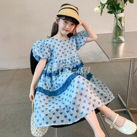 キッズ ワンピース 子供 ドレス 夏服 ガールズ ハート 洋服 半袖 膝丈 ミモレ丈 ジュニア チュールスカート バブルスリーブ エレガント ナチュラル オシャレ 可愛い 舞台衣装 お出掛け着 普段着 通園 通学 入学式 ピアノ発表会 誕生日プレゼント ギフト ブルー 送料無料