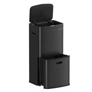 SONGMICSゴミ箱分別縦型2段キッチン用ダストボックス2x10L+30L蓋付きステンレス製ペットボトル、缶収納プッシュ式引き出し付きインナーバケツ3つおしゃれブラックLTB551B02