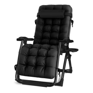 zhedieyi-01リクライニングチェア折りたたみラウンジチェアー枕つきアウトドアチェアゼログラビティ金属ロック耐荷重200kg(ブラック(レバー式ロック)+黒スポンジパッド)