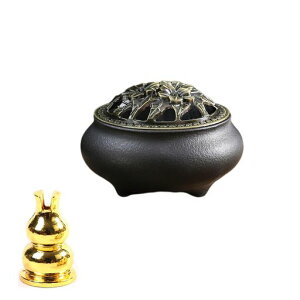 丸型香炉お香立て陶器蓋付き蓋付き難燃綿と瞑想浄化香道仏具アロマ・コーン・スティック線香茶屋事務室睡眠書斎喫茶店(ブラック)