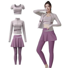 [MiraiHiraki]スポーツウェア3点セットレディーステニスウェアスカートレギンススコットヨガウェアスポーツブラ体型カバー痩せ見え(パープルS)