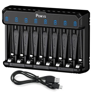POWXS急速電池充電器1.2Vニッケル水素電池/1.5Vリチウム電池単3形・単4形に対応8スロットで8本同時独立充電可能LED充電表示Type-C入力単三/単四電池充電器