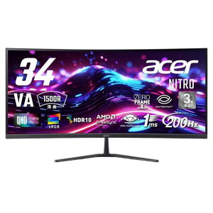 Acer Nitro �p�� 34�C���` �E���g�����C�h UWQHD �L����pVA ����� 200Hz 1ms(VRB) 10��7000���F AMD FreeSync Premium sRGB 99% HDR10 �u���[���C�g�ጸ HDMI 2.1