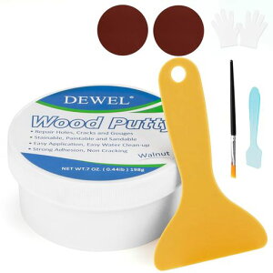 DEWEL木工パテ穴埋めパテパテ198gウッドパテ木材補修用パテ補修パテ木製テーブル、戸棚、床、ドアの亀裂など補修フローリング補修ブラシ付きスクレーパー付きサンドペーパー付き手袋付…
