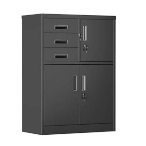 GangMeiスチール書庫鍵付き書庫スチールキャビネット3段引き出し付き両開き幅80x奥行40x高さ110cm書棚本棚扉付きオフィス事務事務所病院施設学校用要組立品ブラック