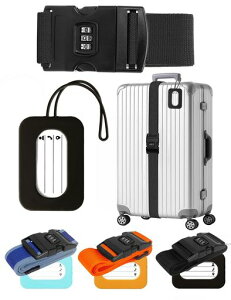 スーツケースベルト鍵付きキャリーケースベルト軽量3桁ダイヤル式バンド調整可能I字型固定ベルト防犯バゲージ破裂防止ずり落ち防止旅行/出張に最適(ブラック鍵付き+ブラック荷物タグ)