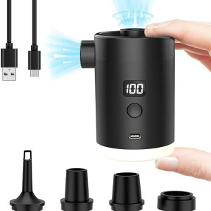 Tigwissエアーポンプ電動空気入れ超軽量強力350L/分【4つのノズル&ライト付】エアポンプ4000mAh大容量バッテリーTYPE-C充電式空気抜きインフレーターマットキャンプ浮き輪