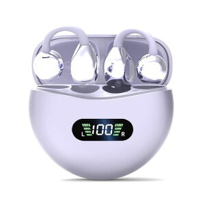 イヤホンbluetoothワイヤレスイヤホン【ながら聴きイヤーカフ型】イヤフォンスポーツ用耳挟み式オープンイヤー耳掛け耳を塞がないマイク付きENC通話数字LEDディスプレイ残量表示(パープル)
