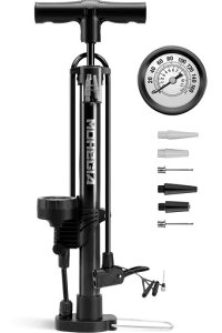 MOHEGIA自転車空気入れ圧力計付き160PSI:軽量折りたたみ自転車ポンプ仏式米式英式バルブ対応-コンパクトポータブルフロアポンプ-タイヤ/ボール/風船を膨らませる-合金鋼・樹脂製6本アダプ…