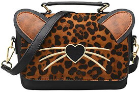 QZUnique ハンドバッグ カバン ユニーク かわいい QZUnique Women's PU Leather Cute Kitten Shaped Handbag Leopard Print Crossbody Magnet Buckle Closure Square Shoulder Bag BrownQZUnique ハンドバッグ カバン ユニーク かわいい