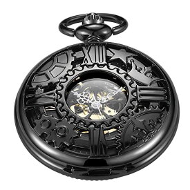 Whodoit Fashion Black Skeleton Crown Gear Pentagram Mechanical Pocket Watch, Antique Roman Numeral Dial Mechanical Pocket Watches for Men